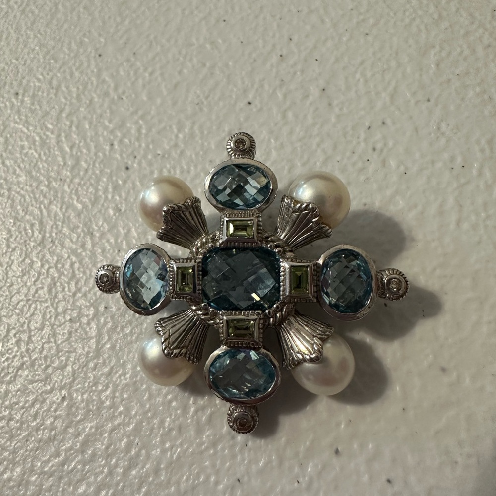 Judith Ripka 925 Silver - Blue Topaz & Pearls Brooch
